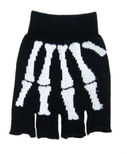 FX Fingerless Gloves Skeleton Hand Bones Halloween Knitted Black Mitts Goth with Design - Black and White - Youth to Adult Small/Medium - Acrylic Spandex