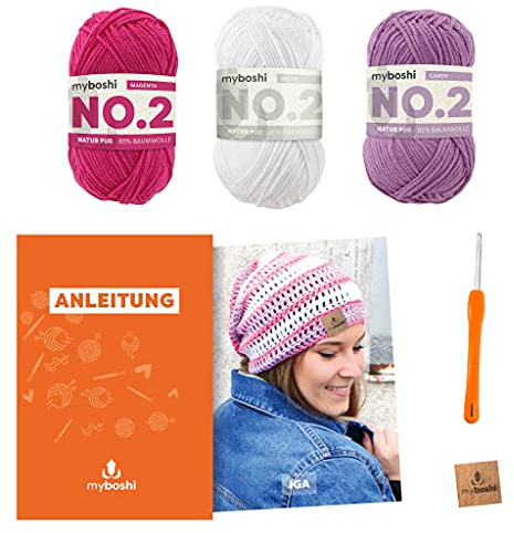 myboshi Häkelset Sommermütze Iga, inkl. No.2 Wolle, Nadel und Anleitung, Häkelpaket, 85% Baumwolle, 15% Kapok Pink, mit Häkelnadel