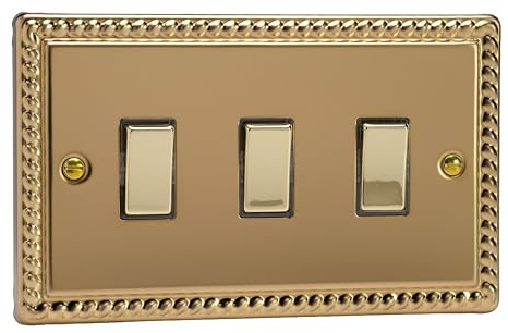Varilight Triple Light Switch 2-Way Twin Plate - Classic Georgian Brass With Polished Brass Rockers