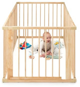 dibea Laufgitter für Baby & Kleinkind, nachhaltiger Laufstall aus hellem Fichtenholz mit Tür, 6 Elemente je 90x68 cm, solides Absperrgitter schützt beim Krabbeln & Gehversuchen, sicheres Schutzgitter