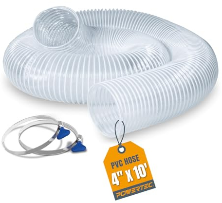POWERTEC 4 x 10' Flexible PVC Dust Collection Hose with 2pcs Stainless Steel Key Hose Clamps for Table Saw, Band Saw, Planer, Jointer, Woodworking and Garage, WoodShop Dust Collection System (70242)
