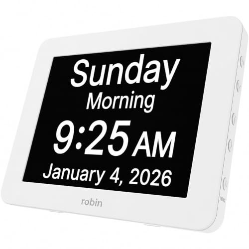 Robin Day Clock 2026 for Seniors, 8 Large Digital Calendar Dementia Clock with Talking Function, Alarms, Easy-to-Read Display for Elderly, Day Date Time, Medication Reminder, DST, White