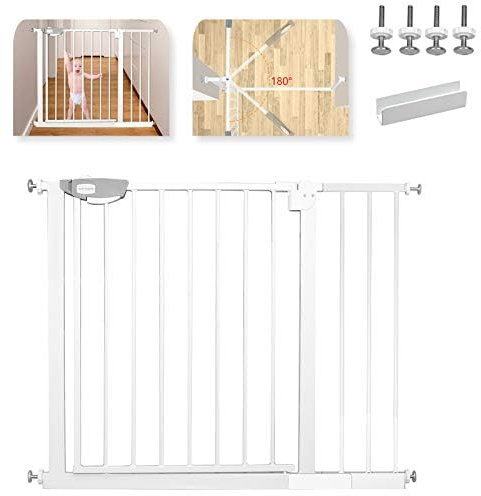 LZQ Trappskyddsgaller, dubbellås, extra säkert metalldörrskyddsgaller för fastspänning, vitt, 95–105 cm, dörrgaller, klämgaller | 90° stopp | stängs automatiskt