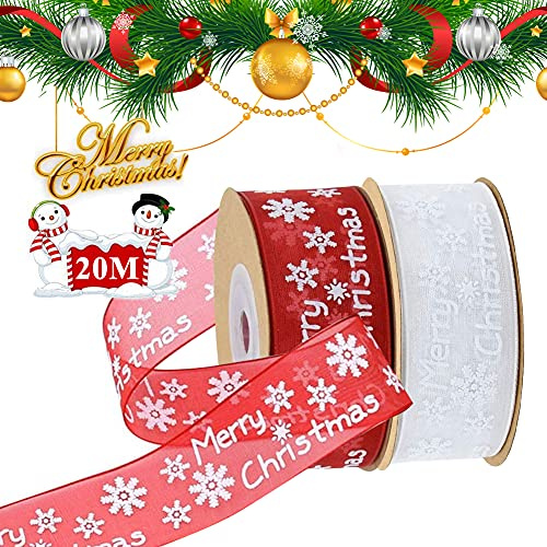 Organzaband Geschenkband Weihnachten, 2 Rollen Weihnachten Geschenkbänder Schleifenband Schneeflocke Dekoband, Rot Weiß Weihnachtsbänder Chiffonband Organza Band für Geschenk, Basteln, Weihnachtsbaum