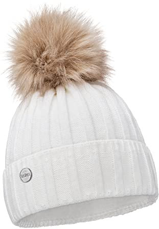 ELIMELI Kaschmir Mütze Damen Winter warme Strickmütze Wollmütze mit Kaschmir Wintermütze mit Kunstfell Bommel Slouch Strick Beanie Damen für Winter Bommelmütze Hergestellt in EU (Weiß)