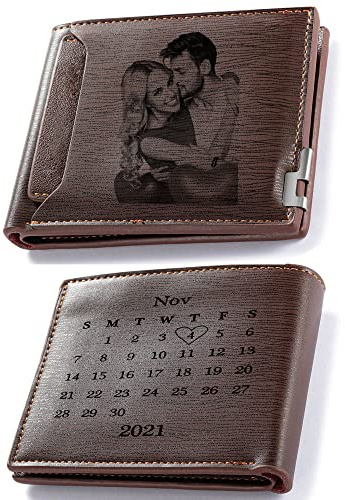 RolaOnly Männer Geldbörse Personalisiert Herren Portemonnaie mit Foto Datum Graviert Blau PU Leder Geschenk für Weihnachten/Valentinstag/Vatertag/Geburtstag
