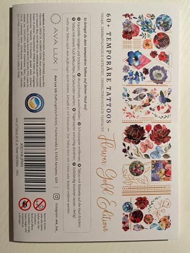 AVA LUX Tattoos, 60 VEGANE Tattoos zum Aufkleben für Kinder und Erwachsene, hautfreundlich, plastikfrei verpackt, regional hergestellt, temporäre Tattoos, Flower Gold Edition, Festival, Accessoires
