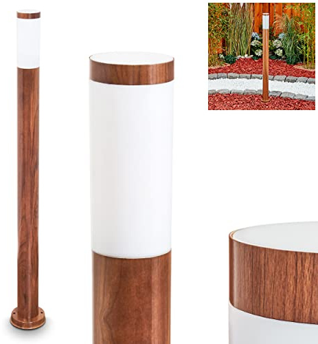 Außenwegeleuchte Gaborone, moderne Wegeleuchte aus Metall/Kunststoff in Holzoptik/Weiß, Gartenleuchte 111 cm, Gartenlampe m. E27, Gartenbeleuchtung IP44,ohne Leuchtmittel