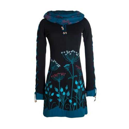 Vishes Blumenkleid Langarm-Shirtkleid mit Schalkragen in Schwarz | Größe L (42) | Handgefertigt aus 100% Baumwolle | Ideal für Jede Jahreszeit | Nachhaltige Alternative Bekleidung