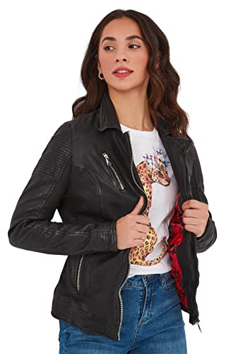 Joe Browns Edgy Vintage-Chaqueta de Motociclista de Piel auténtica Envejecida con Hebilla, Negro, 40 para Mujer