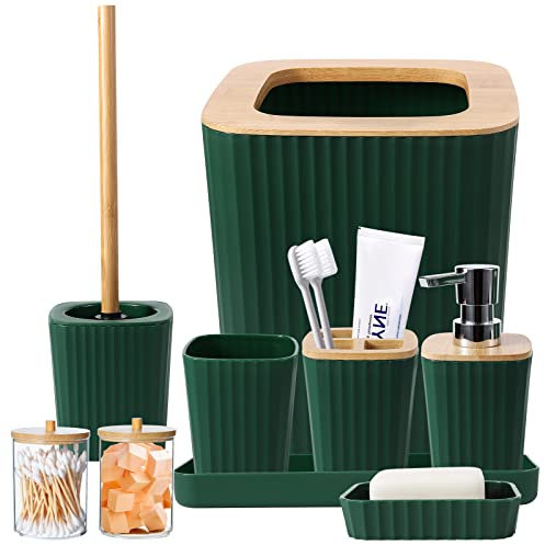 Badezimmer-Zubehör-Sets komplett, 9-teiliges dunkelgrünes Badezimmer-Zubehör mit Mülleimer, Schminktischtablett, Seifenspender, Seifenschale, Zahnputzbecher, WC-Bürste und Qtip-Halterungen