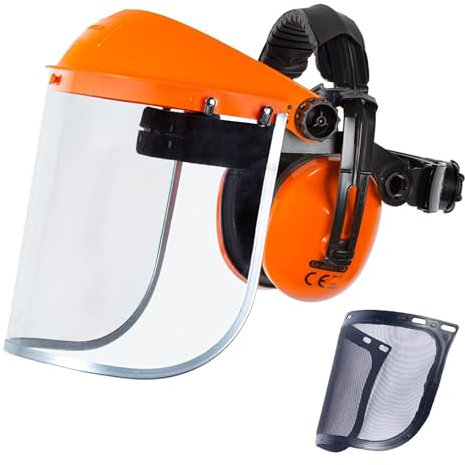 GUARDLEAD Visiera Protettiva da Lavoro con 2 Schermi (EN166/CE Trasparente +EN1731/CE Rete) & EN352 Paraorecchie Antirumore, Visiera Decespugliatore Per Giardinaggio, Falegnameria e Taglio Legno