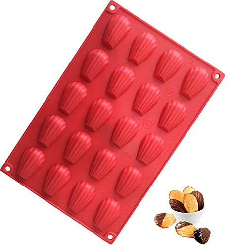 LATRAT Mini Madeleine - Stampo in silicone Seashell per muffin, 20 fori con rivestimento antiaderente per torte, cioccolato, caramelle e biscotti, rosso