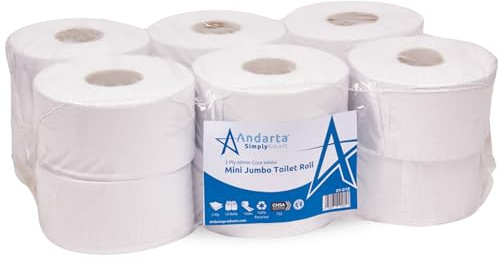 Andarta - 62mm Core 2Ply Mini Jumbo White Toilet Rolls - Pack of 12 High Capacity Toilet Roll - 150m Per Roll - Made from Recycled Materials - Suitable for All Jumbo Dispenser