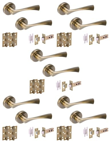 Hunta HANDLEZONE® 5 Sets Zena Internal Door Handles on Rose Lever Latch Packs with Ball Bearing Hinges - Antique Bronze