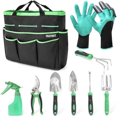OUUTMEE Gartenwerkzeug-Set mit Tasche und Handschuhen, robustes Edelstahl-Gartenwerkzeug-Set, ideale Gartengeschenke für Frauen und Männer, 9 Stück
