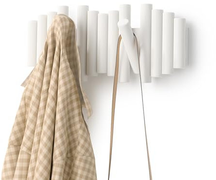 Umbra Picket Garderobenhaken - Garderobenleiste und Moderne Wand Dekoration mit 5 Klapphaken aus geschliffenem Kiefernholz, Weiss