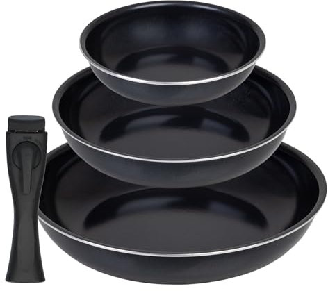 Deleca 3-teilig Japandi Pfannenset - Ø 20/24/28 cm - PTFE-, PFAS- und PFOA-frei - Mit Abnehmbarer Griff - Profi Pfanne Induktion - Antihaft Beschichtete Bratpfannen - Cooking Pan - Schwarz