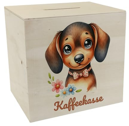 Dackel mit Schleife Spardose aus Holz mit Spruch Kaffeekasse Niedlicher Dackel Spardose aus Holz für Hundesalon Süßes Hund Tier Gesichtsausdruck Freundlich Verspielt