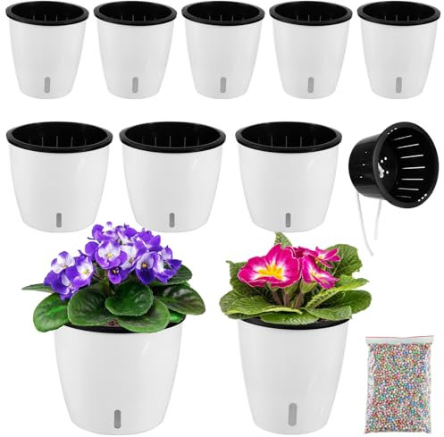 Planterhoma Lot de 8 pots de violette africaine auto-arrosants de 12,7 cm/17 cm avec indicateur, pot noir à mèche et trous de drainage, pour orchidée, lierre du diable, blanc