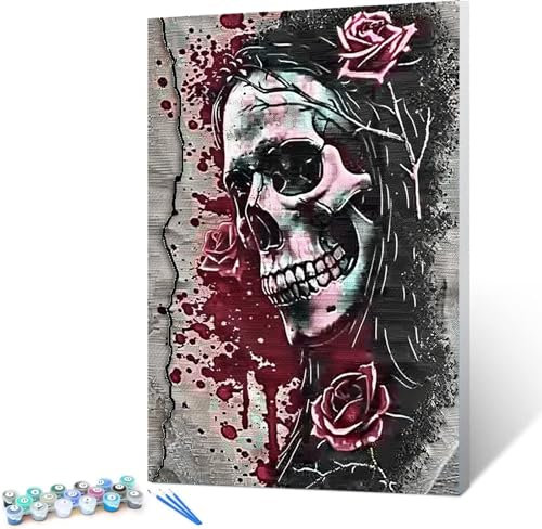 Malen Nach Zahlen Erwachsene Romantik Schädel, DIY Handgemalt Ölgemälde Kit für Anfänger und Erwachsene, Christmas gift，Kinder Gemälde für kreatives Geschenk Home Haus Deko, 30x40cm (rahmenlos)