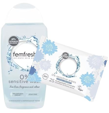 Lot de 25 lingettes nettoyantes pour hygiène intime féminine avec nettoyant Femfresh 0 % Sensitive Wash 250 ml et lingettes hypoallergéniques sans savon
