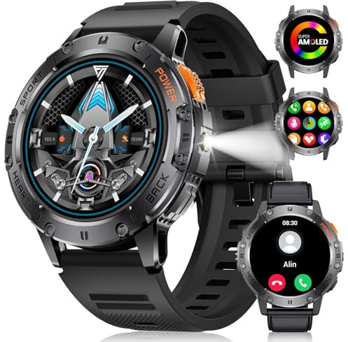 DREMAC Smartwatch Herren mit Taschenlampe, 1,43-Zoll-AMOLED-Anrufe, Schlafüberwachung, Schrittzähler, Sport-Silikon-Schwarze Android iOS