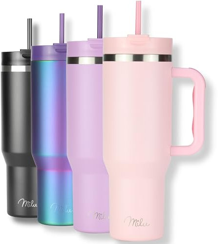 Milu Thermobecher 1,2L mit Strohhalm und Henkel – 48h Eis/24h kalt/12h heiß Edelstahl Tumbler 40oz mit Griff Isolierbecher to go Isolierflasche Trinkflasche doppelwandig isoliert (Blossom Pink, 1,2L)
