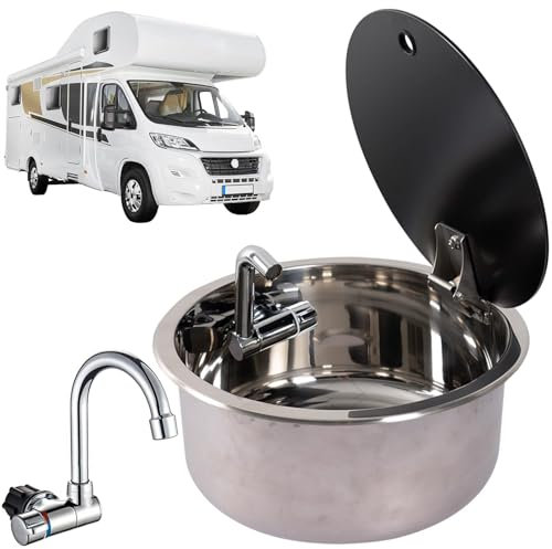 Wohnmobil-Spüle, Einbauwaschbecken aus Edelstahl, Küchen-Handwaschbecken mit gefaltetem Kalt-/Warmwasserhahn, Deckel aus gehärtetem Glas, Waschbecken für Wohnmobil, Wohnwagen (34,5