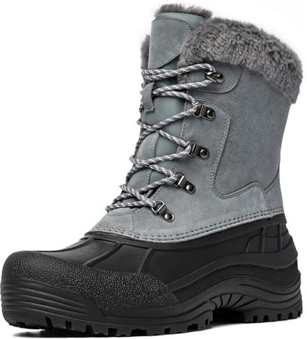 Kelway Men’s Winter Boots, Insulated Waterproof Leather & Suede Snow Boots with Anti-Slip Rubber Sole, Cold Weather Outdoor Hiking Shoes, Grey 11