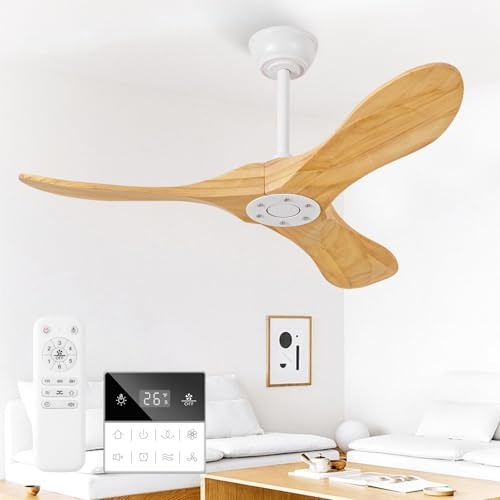 Benicefun Ventilatore da soffitto in legno massello da 106 cm senza luce, ventilatori da soffitto per esterni con elica senza luci con interruttore a parete e telecomando, motore CC silenzioso