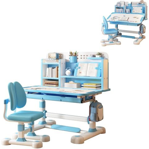 Yoakaiax Juego de escritorio y silla para niños, altura ajustable con corrector, silla ergonómica con soporte para libros, pedal azul