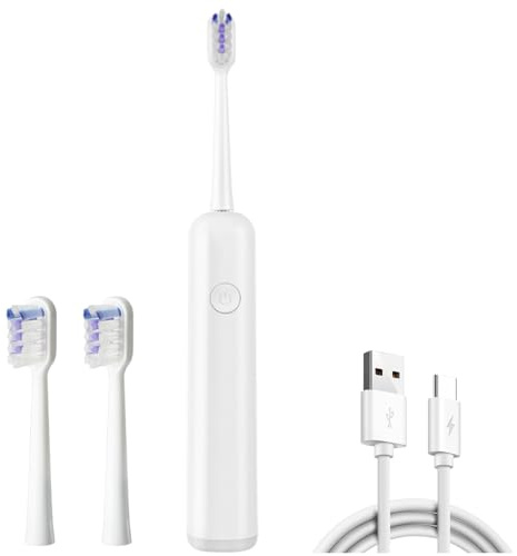 Brosse à Dents Électrique Sonique Rechargeable avec 5 Modes & 3 Brossettes, Set Brossage Minuteur 2 Minute & Rappel 30s, Brosse Blanchiment Dents 1 Mois d'Autonomie 50000 VPM pour Adulte Enfants Blanc