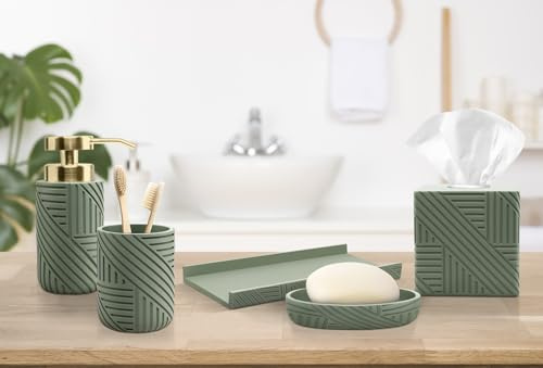 Badezimmer-Zubehör-Set, 6-teilig, inkl. 2 Seifenspender, Becher, Seifenschale, Taschentuchbox-Abdeckung, Schminktisch, Arbeitsplatten-Dekor (grün)
