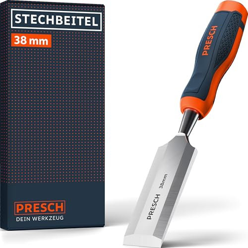 Presch Ciseau à bois 38mm - Parfaitement aiguisé pour utilisation immédiate - Pour les professionnels avec un angle de 25° - Capuchon métallique robuste - Poignée ergonomique pour prise en main sûre