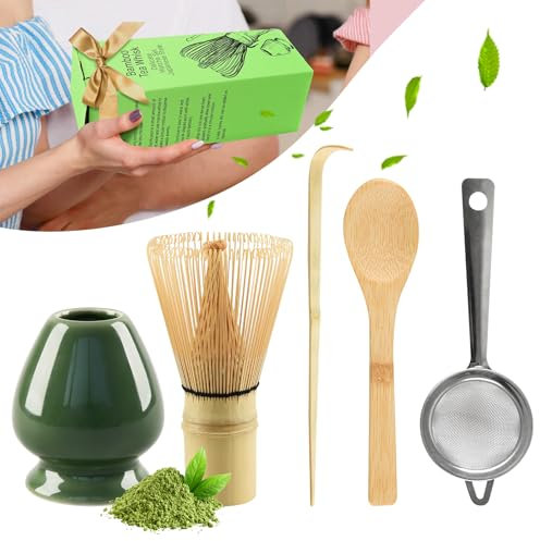 CHWNIBAY Matcha Kit 5 Pezzi,Matcha Set,Include un Frusta Matcha in Bambù,2 Cucchiai Tradizionali,Portafrusta,Setaccio per il Tè Matcha,È il Miglior Regalo per gli Amanti del Tè Matcha (Verde Scuro)