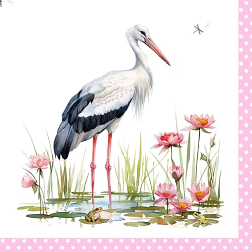 ti-flair Servietten Papier 33x33cm 3-lagig 20 Stück - hochwertig & nachhaltig - Einweg Geburtstagsservietten - Papierservietten für Taufe Geburt Gastronomie Alltag - Storch & Naturmotiv Weiß Hellrosa