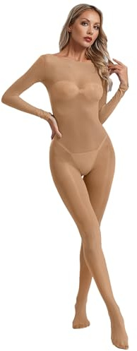 Miutii Womens Sexy Mesh Sheer Silky Jumpsuit See Through Bodycon Bodystocking Tights Long Sleeve Full Body Unitards Nude One Size