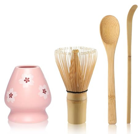 Set of 4 Matcha Tea Set with Whisk, Spoon and Matcha Whisk Holder, Matcha Whisk Set(Pink-White)