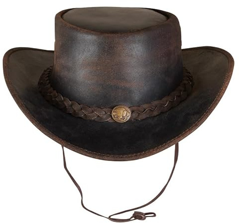 URBAN 5884 Cowboyhut aus echtem Leder, Western-Hut aus Rindsleder mit Verstellbarer Krempe und Kinnriemen - Braun, S