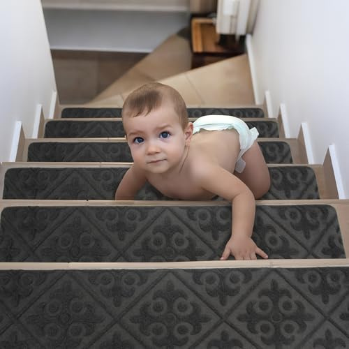 Spesh 15 Pack Stair Treads Carpet 76x20cm Non-slip Indoor Stair Pads Self Adhensive Staircase Safety Mats for Kids Pets Elders (Pattern-D, Grey)