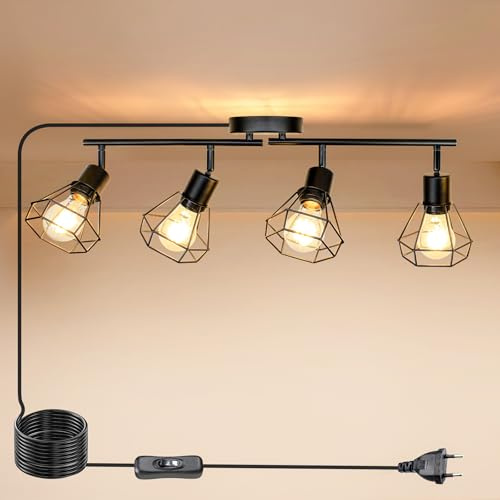 HiBay Deckenstrahler mit Schalter 4 Flammig E27 Wandlampe mit Schalter und Stecker Drehbare 350° Deckenspots mit Kabel 5M Schwarz Max.60W Ohne Leuchtmittel | Deckenspots mit Kabel 5M Drehbare 350° Wandlampe mit Stecker Max. 60W 230V für Wohnzimmer Ohne Leuchtmittel