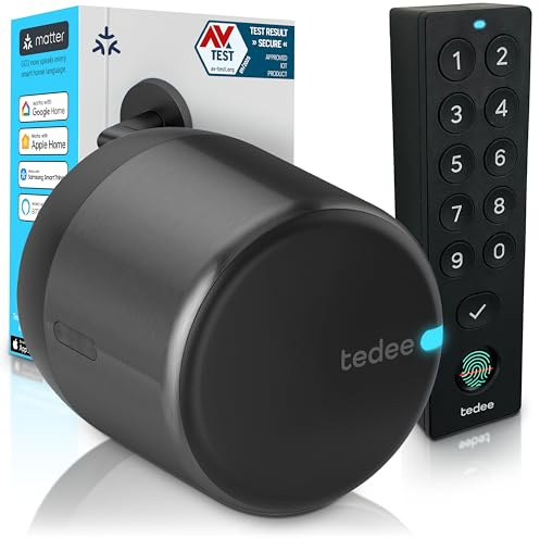 tedee Lock GO 2 Aluminium Set |smartes Türschloss Schwarz | biometrisches Tastenfeld Schwarz | Smart Home iOS, Android | Bluetooth | Motorschloss | PIN + Fingerprint | keine Installationshardware