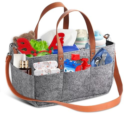 Plstod Borsa in feltro, 16 l, in feltro, con scomparti, pieghevole, con tracolla e cordino, per shopping, picnic, viaggi all'aperto, 38 x 23 x 18 cm