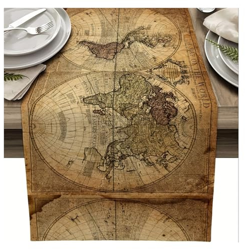 Caminos de mesa de lino con mapa náutico Retro del mundo, bufanda de tocador, decoración de mesa, fiestas interiores y exteriores, decoración de reunión del hogar de granja(200x33cm 78.7x13inch)