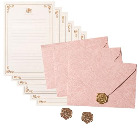 Vintage Paper Stationery Set 6 Letter Lined Sheets 3 Matching Envelopes Seal Stamp Sticker for