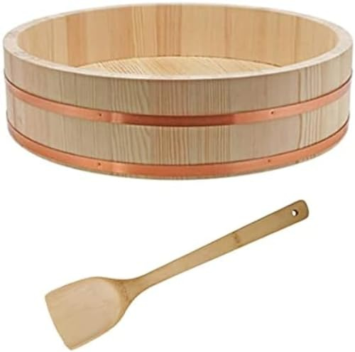 Hangiri Sushi Rice Mixing Tub - Wooden Sushi Rice Bowl - Japanese Oke Rice Barrel with Wood Spoon - 48x12cm