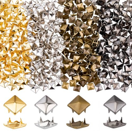 SOFPLATE 1 Box 500Pcs 4 Colors Square Rivet Studs 10mm Pyramid Studs Bulk Brass Four-Jaw Punk Metal Leather Claw Nailhead Spike Rivets for Leathercraft Belts Clothing Bag Shoes Jacket Dog Collar