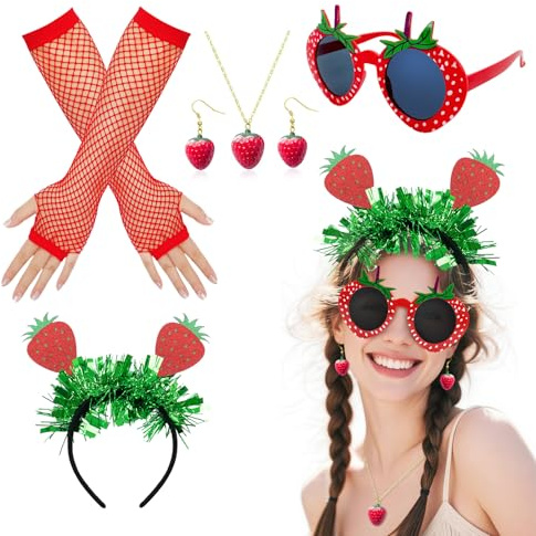 NebulaGlam Disfraz de fresa para mujer, diadema de fresa, pendientes de fresa, collar, gafas, guantes para disfraz de fresa, Halloween, disfraz de carnaval