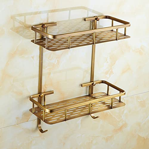 MOGOLALA Wall Mounted Rustproof Copper Bathroom Shower Shelf - Solid Brass Rectangle Storage Basket Shower Caddy Organizer Holder - Toilet Washstand Corner Rack Organiser(Double layer)